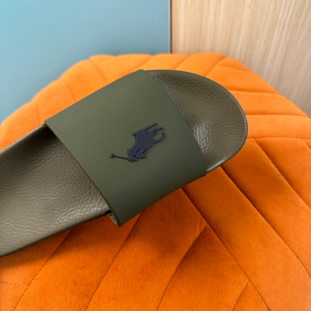 Olive Green Slide Sandals with Embossed Logo - Outsole view