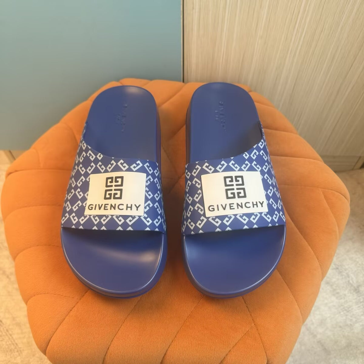 Blue Slide Sandals with Patterned Strap - Main view