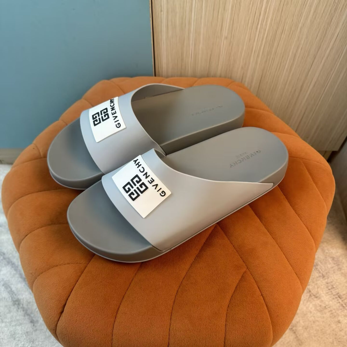 Gray Slide Slippers with Embossed Sole - Left side view