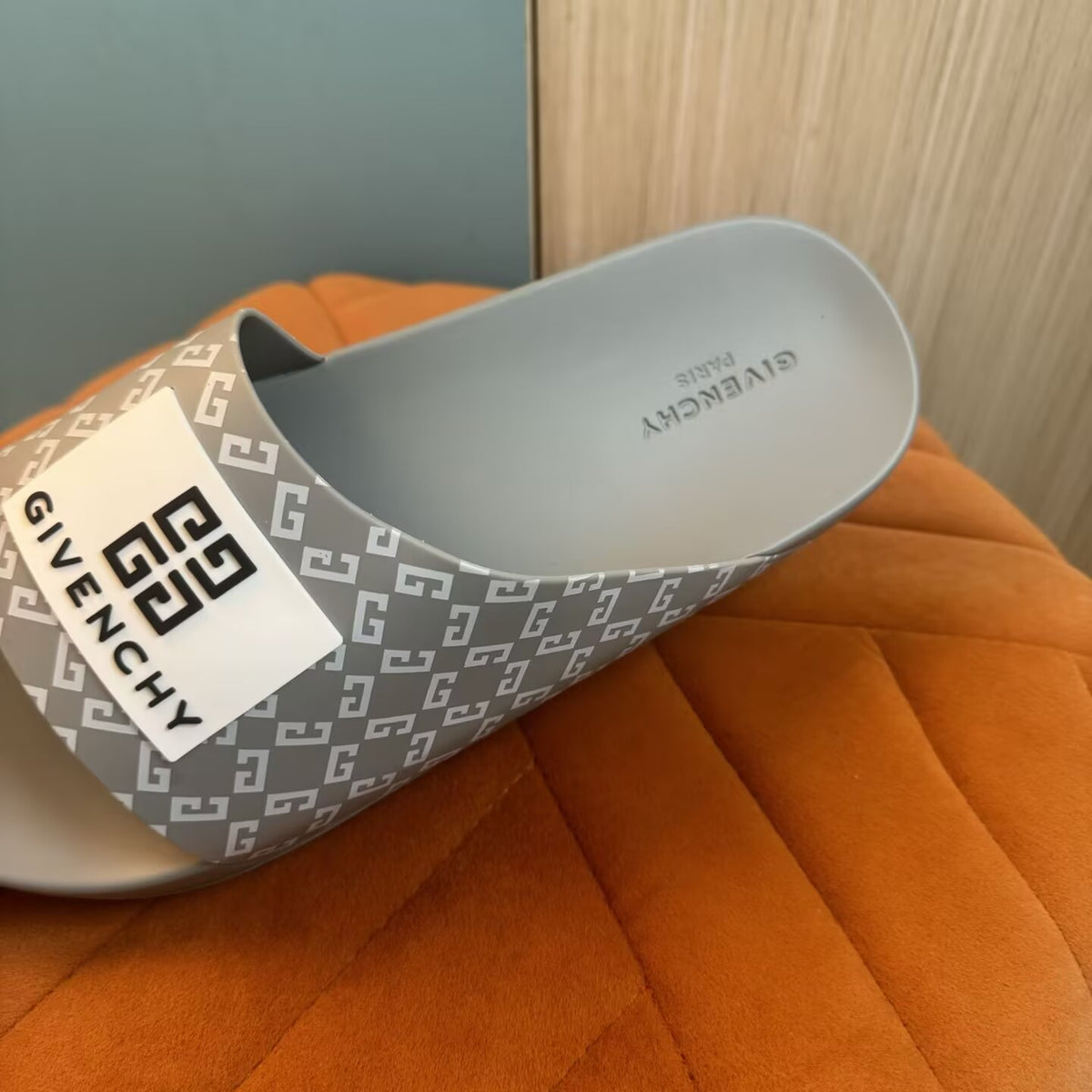 Gray Slide-On Slippers with Patterned Strap - Main view