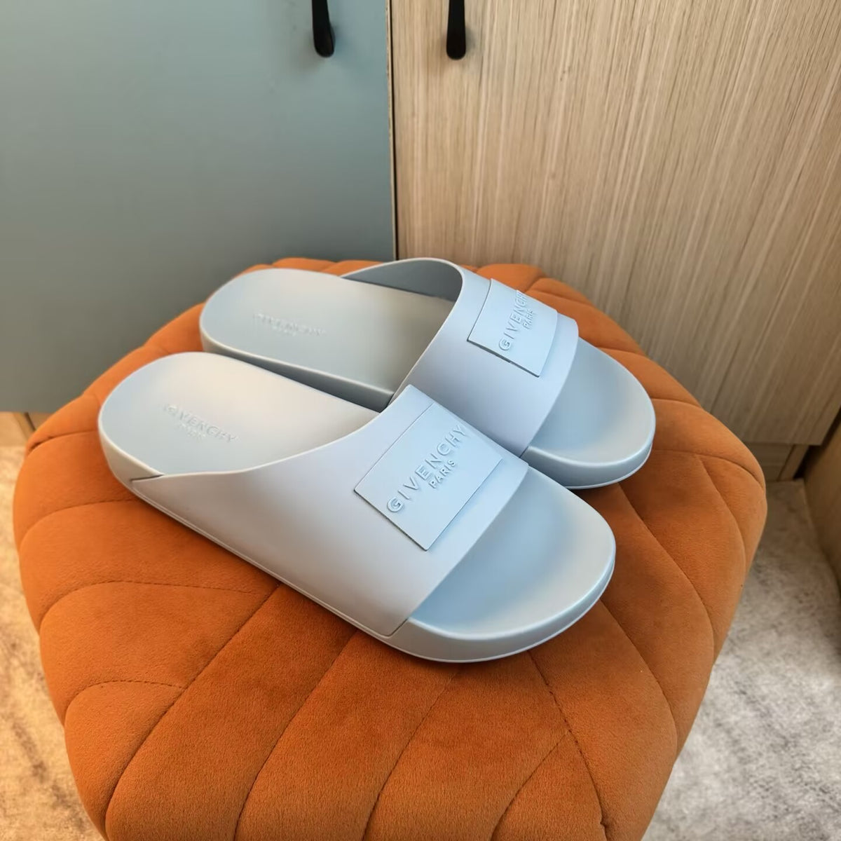 Light Blue Slide Sandals with Orange Accent - Main view