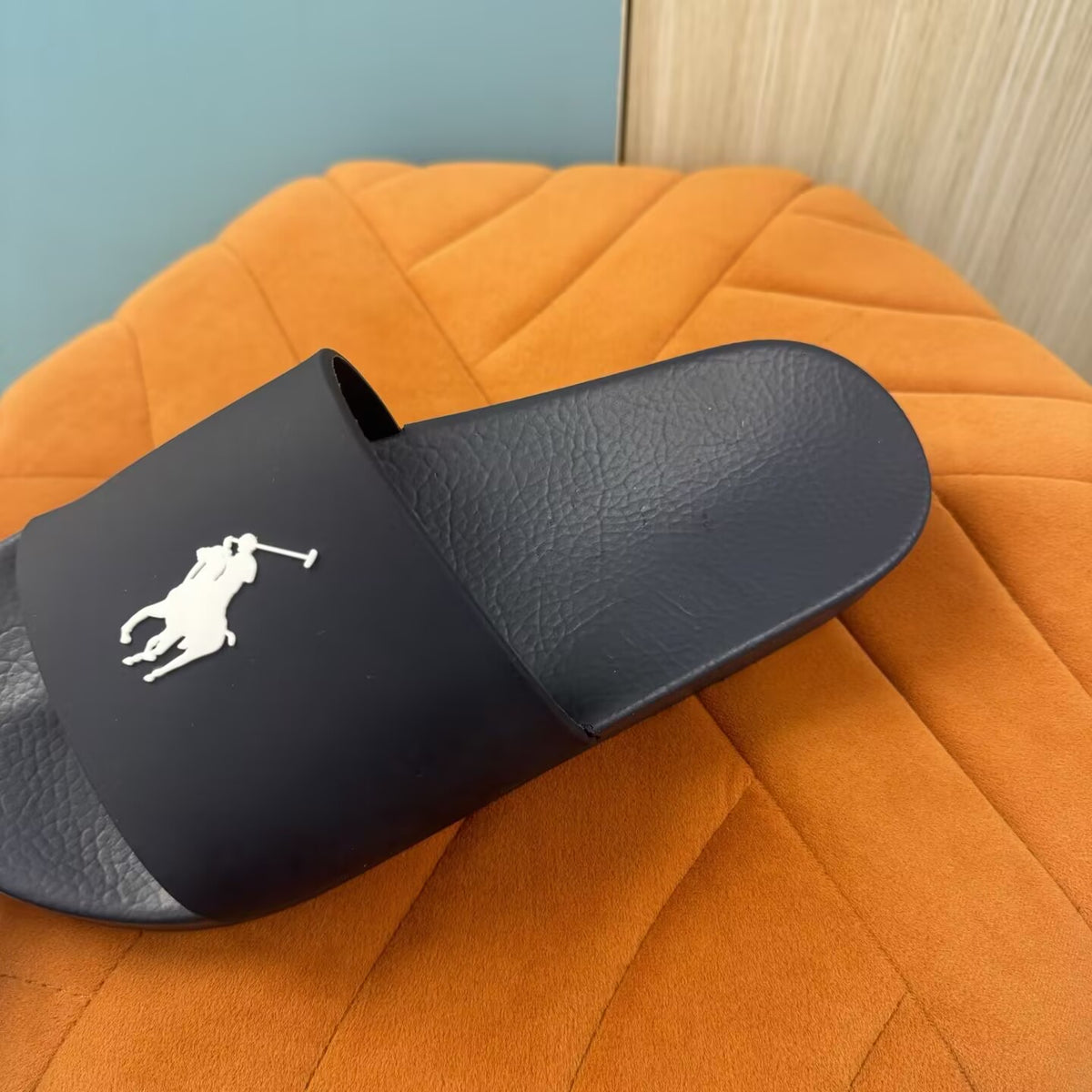 Black Slide Sandals with Embossed Sole - Left side view
