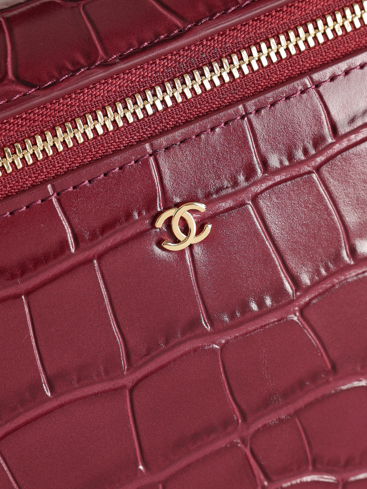 Burgundy Crocodile-Texture Handbag with Chain Strap - On-foot view