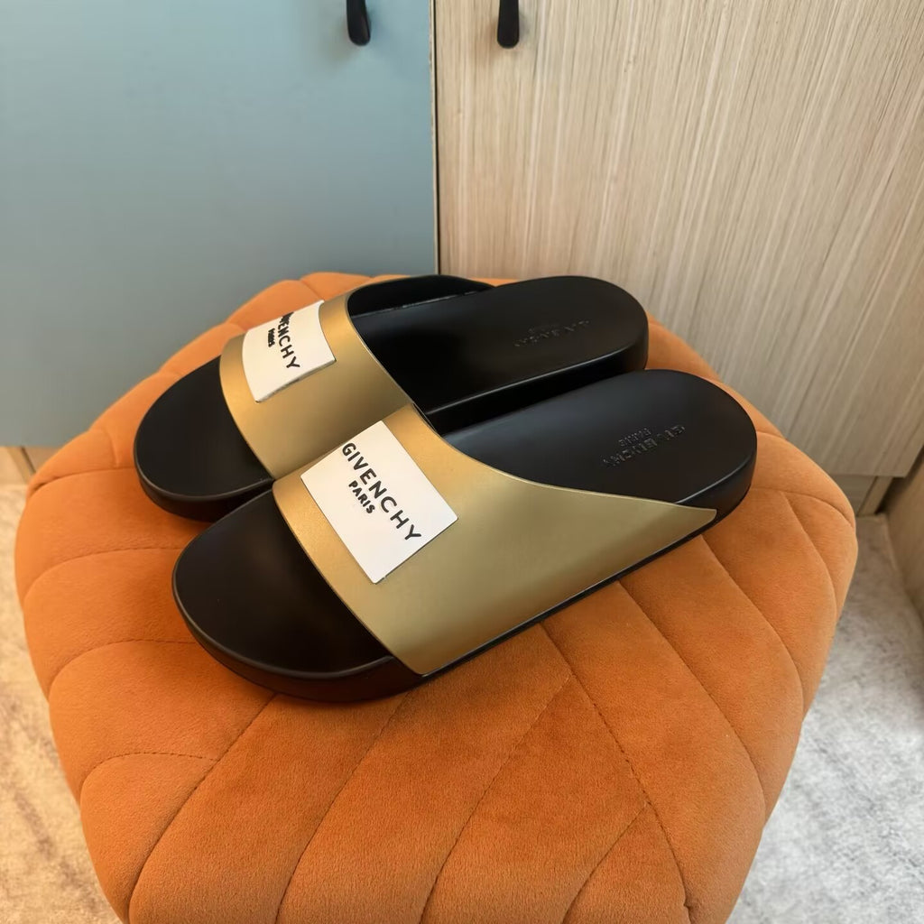 Black Slide Sandals with Gold Accents - On-foot view
