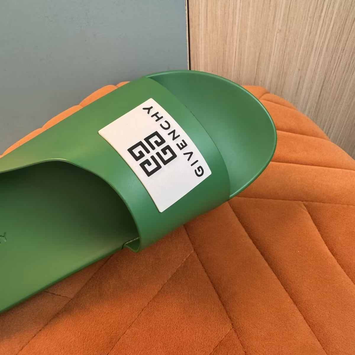 Green Slide Slippers with Brand Patch - On-foot view