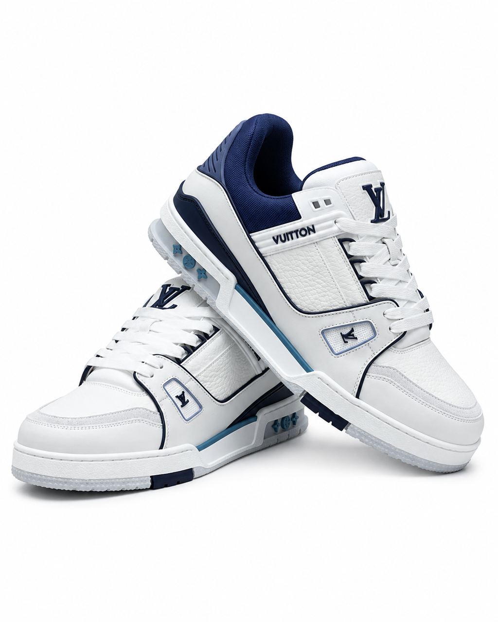 White Mid-Top Sneakers with Navy and Gray Accents