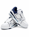 White Mid-Top Sneakers with Navy and Gray Accents