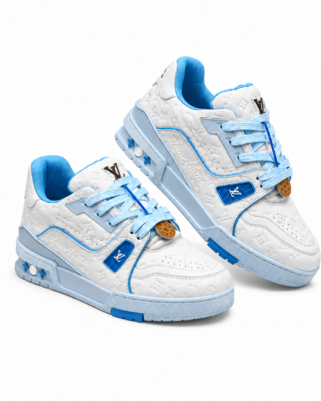 White and Light Blue Casual Sneakers with Patterned Upper