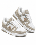White and Beige Casual Sneakers with Thick Sole