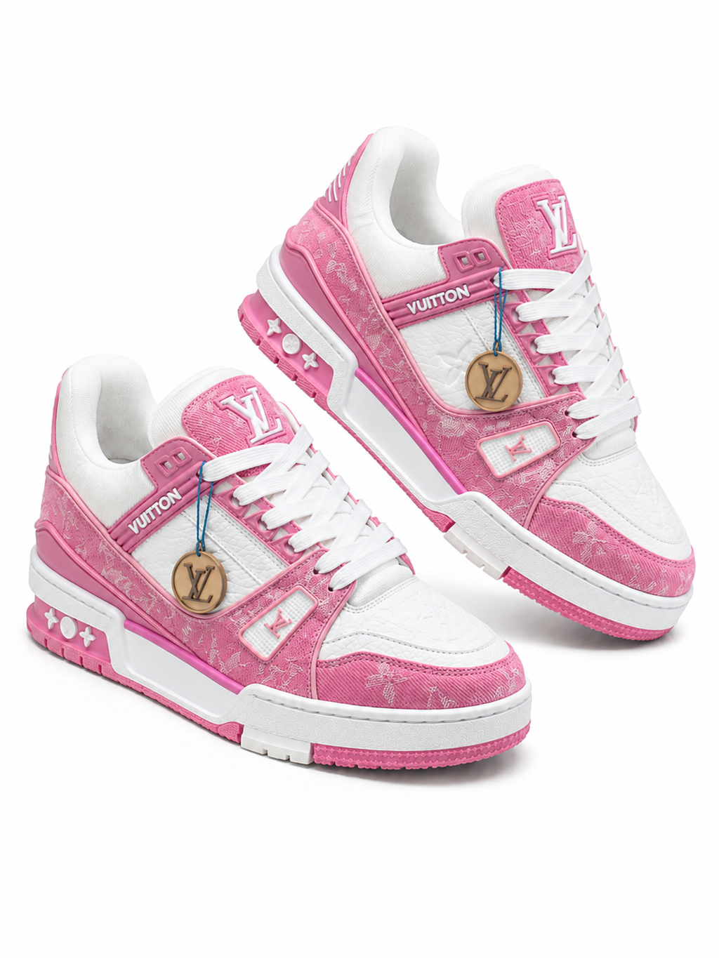 White and Pink Casual Sneakers with Patterned Upper