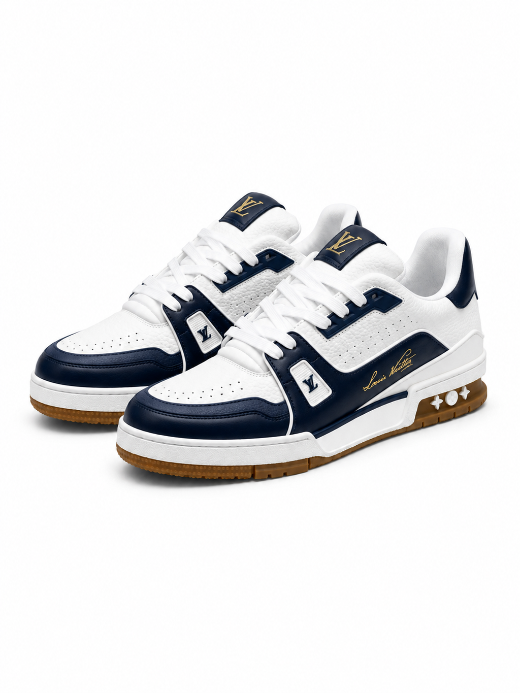 White and Navy Blue Leather Sneakers with Patterned Upper