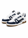 White and Navy Blue Leather Sneakers with Patterned Upper