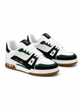White and Black Leather Sneakers with Green Accents