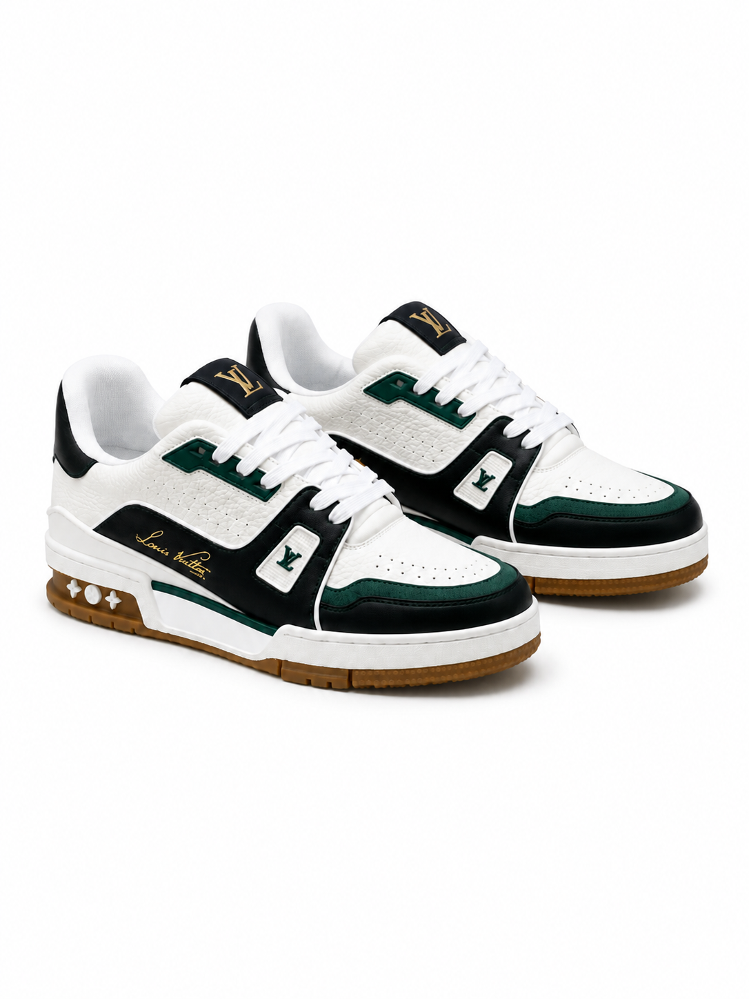 White and Black Leather Sneakers with Green Accents