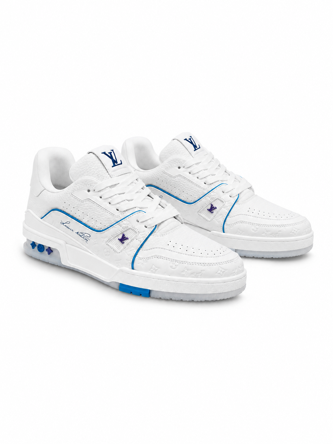 White Low-Top Sneakers with Blue Trim