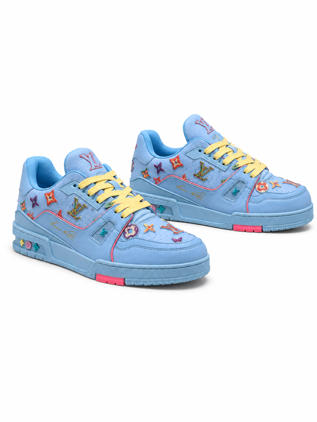Light Blue Patterned Sneakers with Colorful Patches