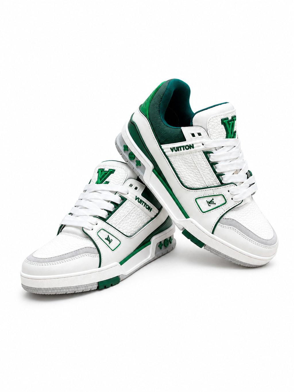 White and Green Lace-Up Sneakers with Patterned Upper