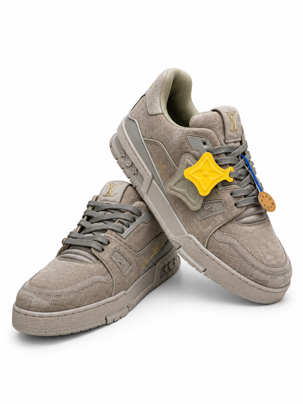 Gray Suede and Mesh Lace-Up Sneakers with Patterned Panels