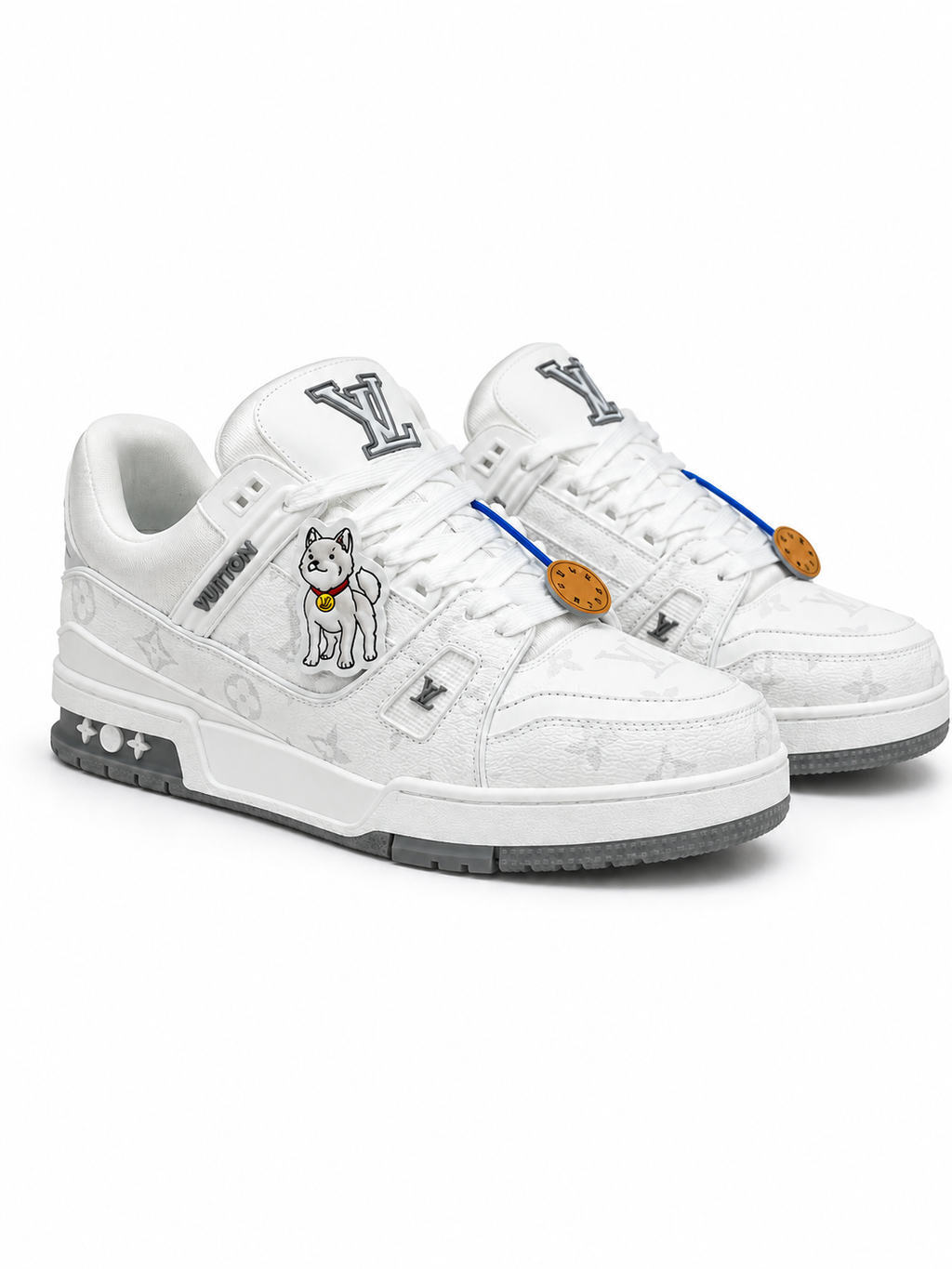 White and Gray Casual Sneakers with Patterned Upper