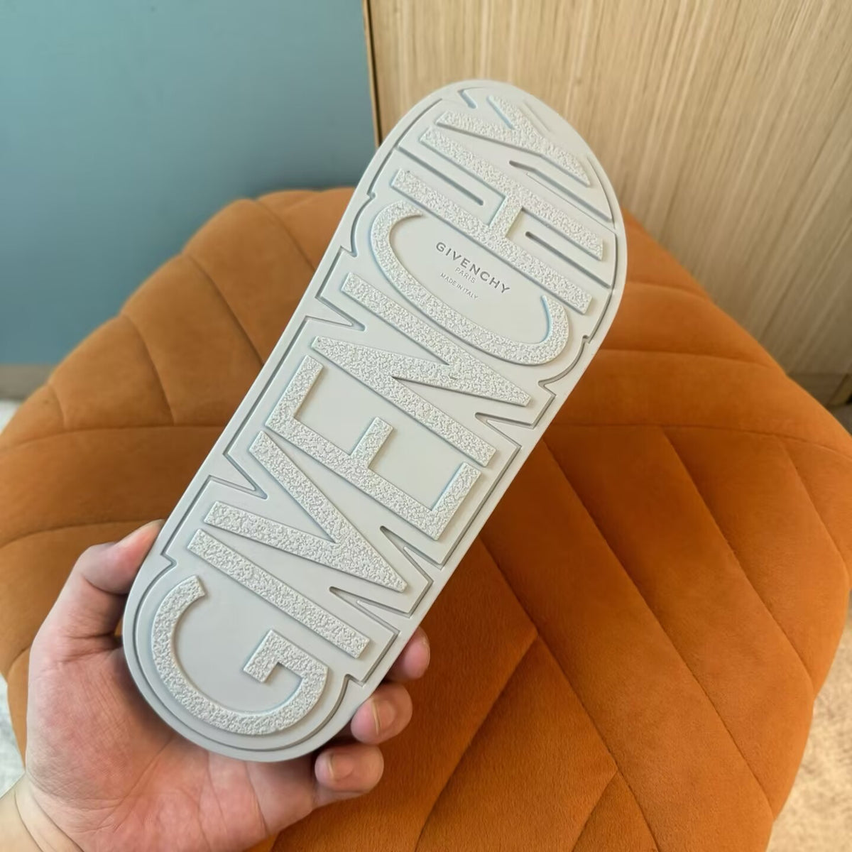 Gray Slide Sandals with Orange Accent - Outsole view