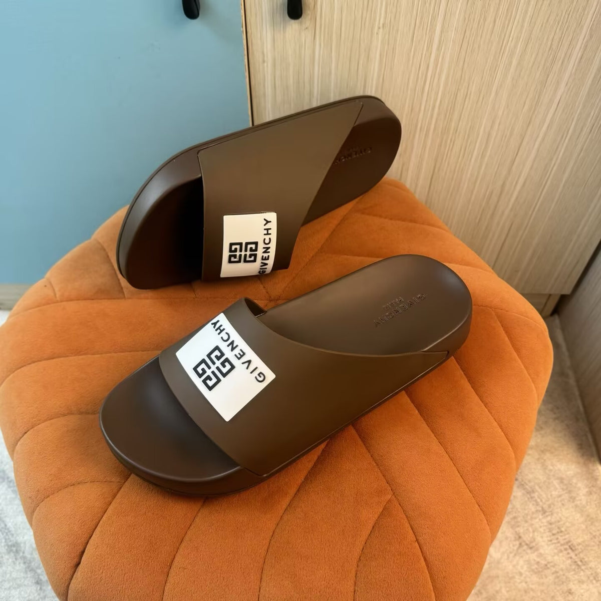 Brown Slide Sandals with Patterned Strap - Back view