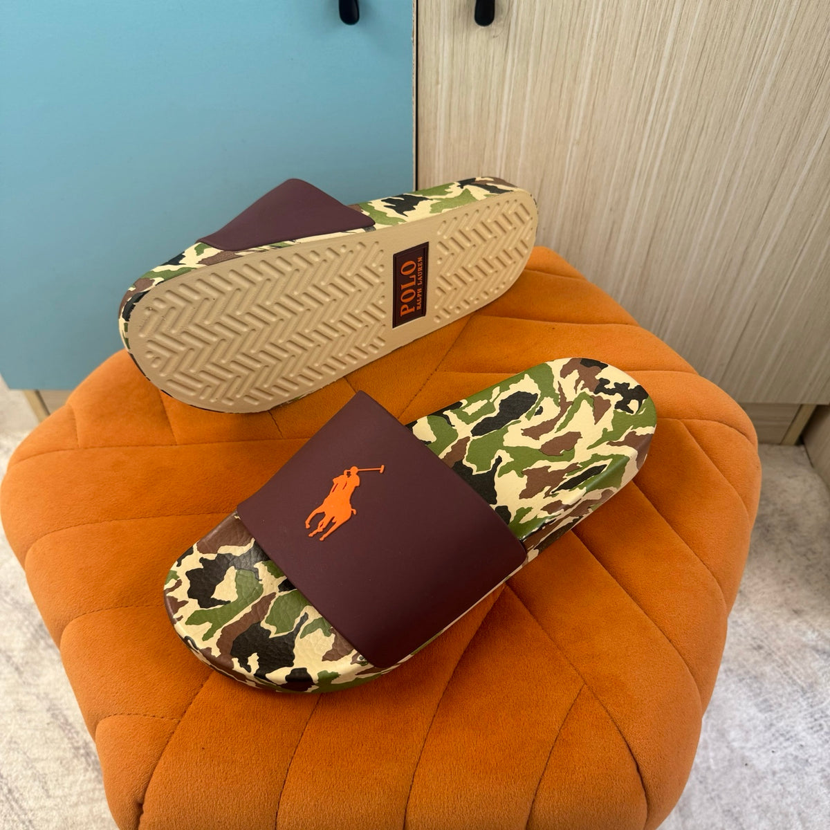 Camouflage Print Slide Sandals with Solid Strap - On-foot view