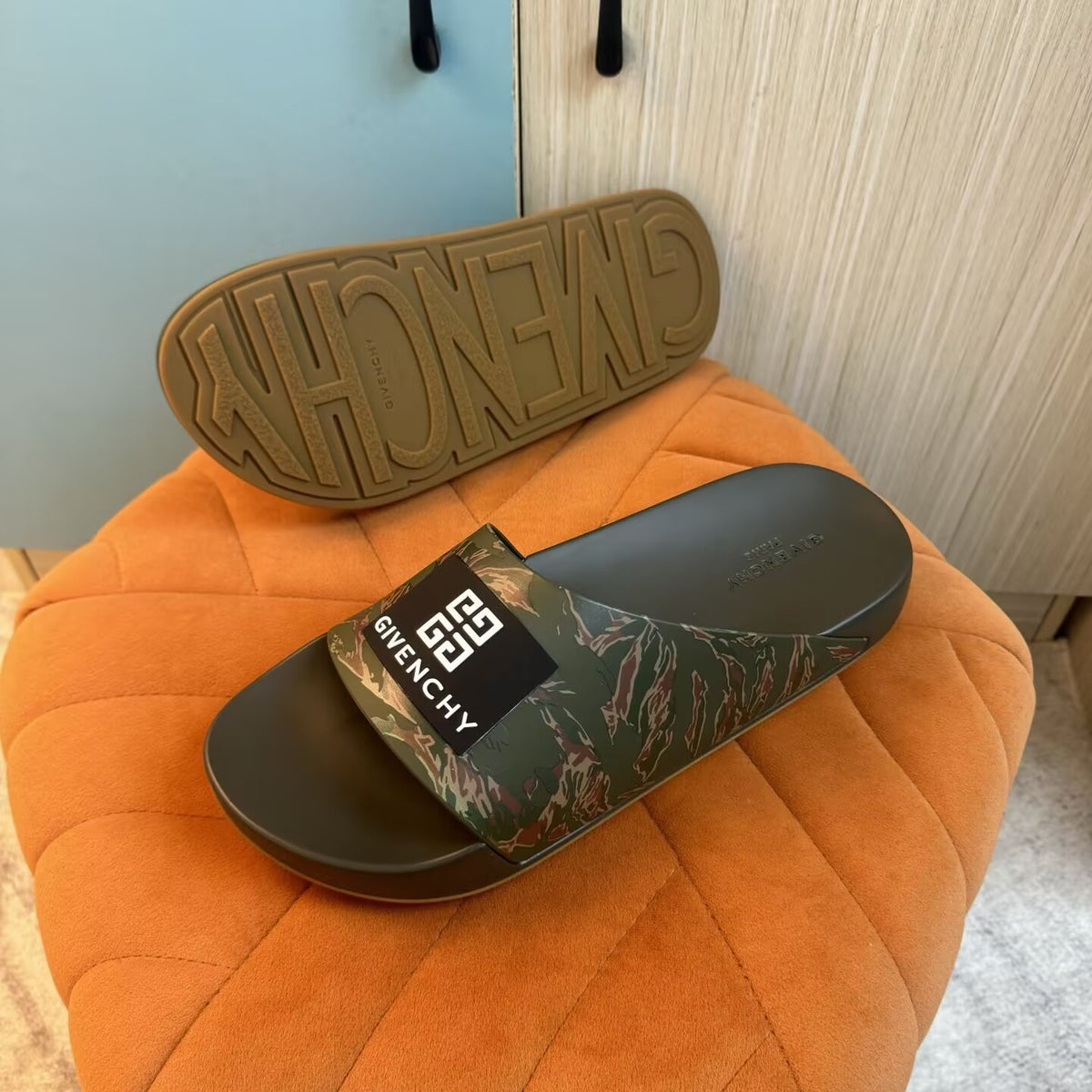 Olive Green Camouflage Slide Sandals with Black Strap - On-foot view