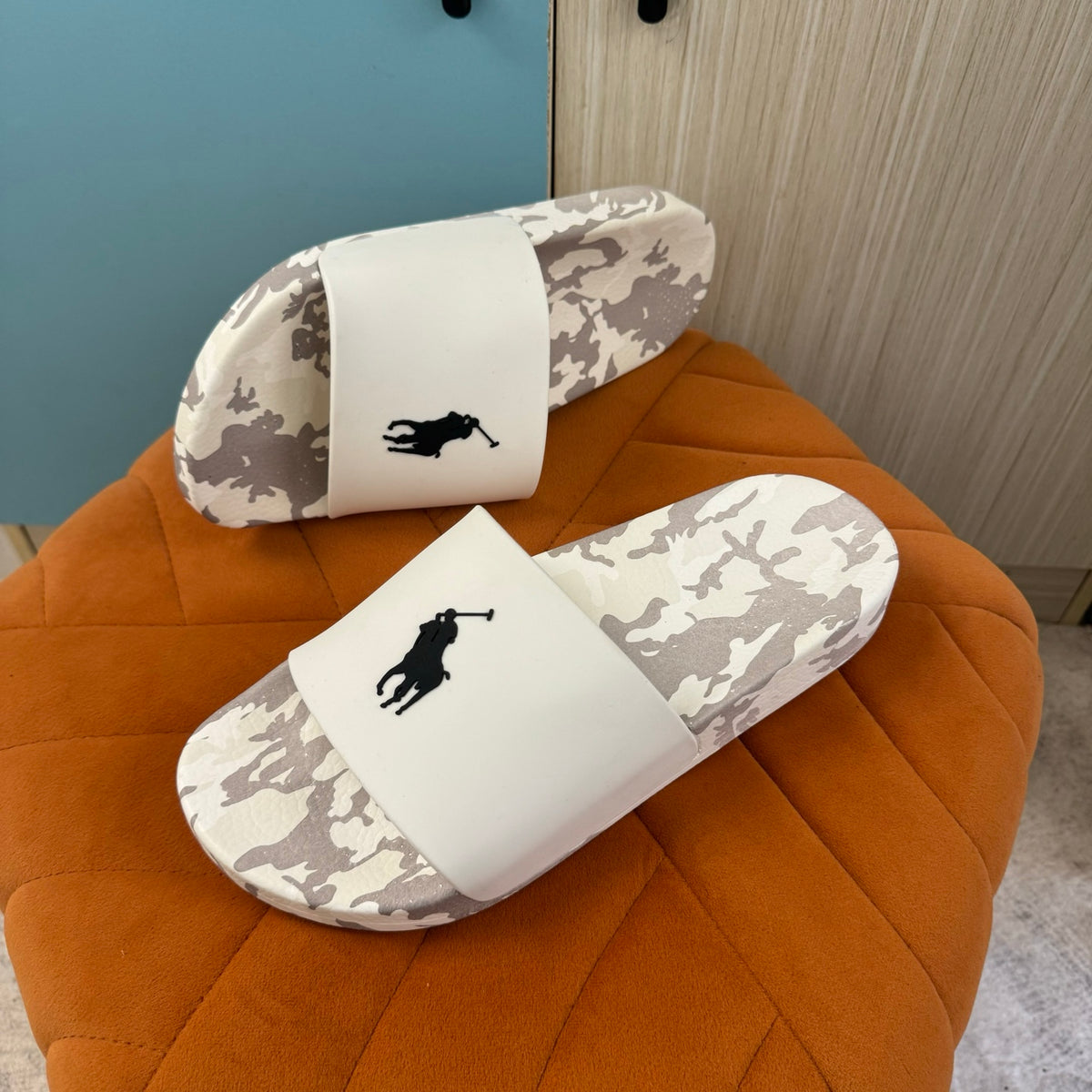 White Camouflage Slide Sandals with Textured Sole - Back view
