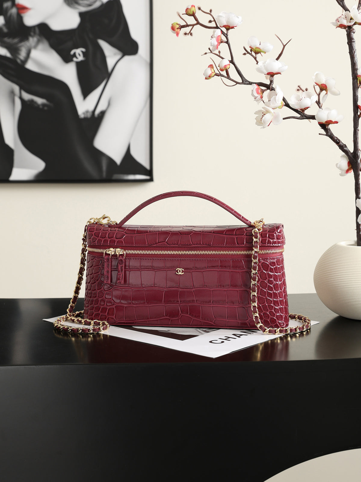 Burgundy Crocodile-Texture Handbag with Chain Strap - Back view