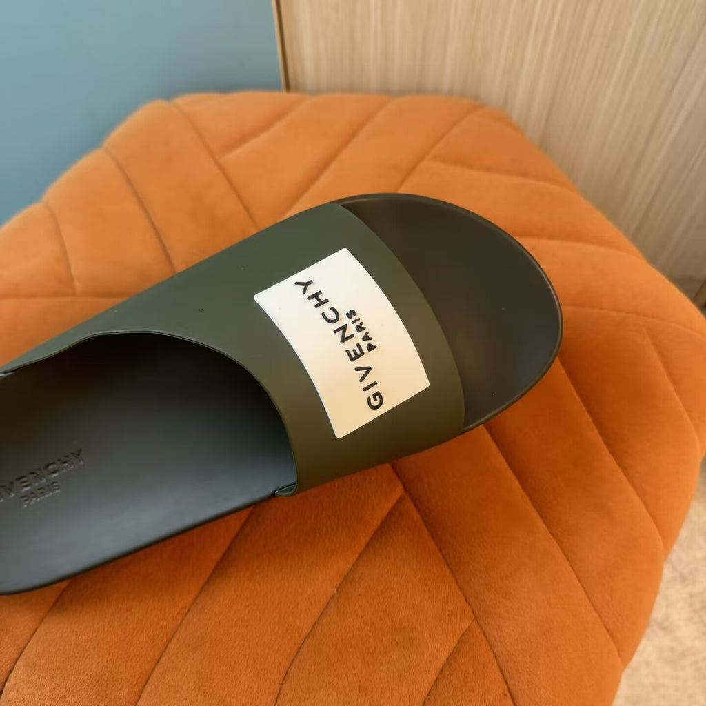 Olive Green Slide Sandals with Embossed Sole - On-foot view