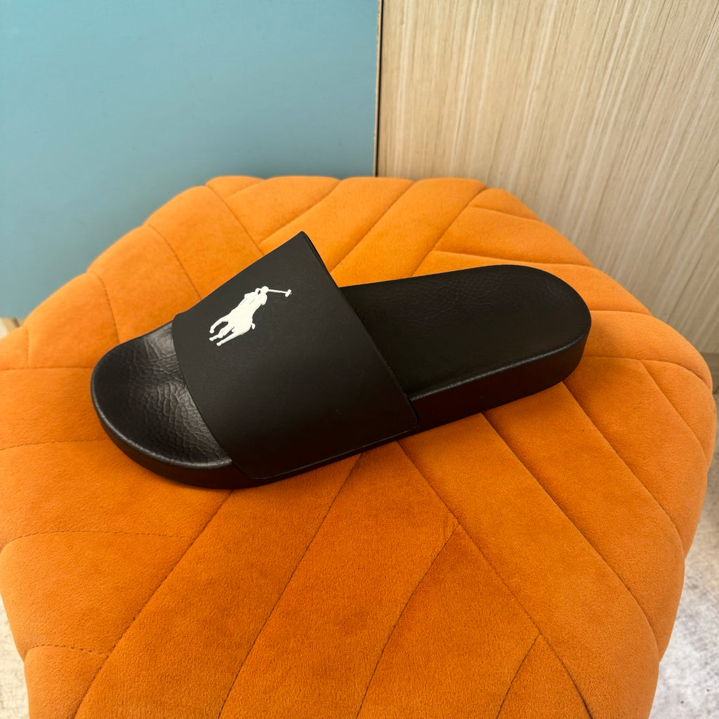 Black Slide Sandals with Textured Strap - Back view