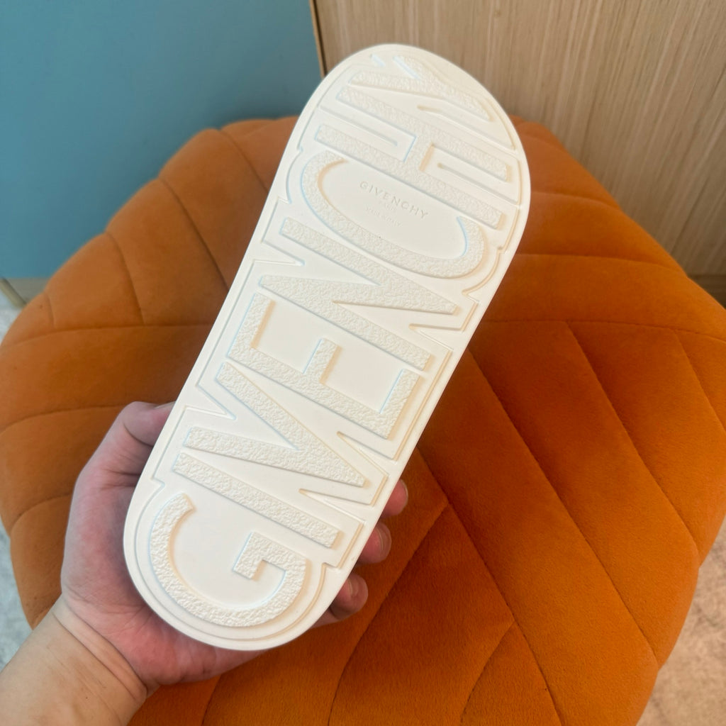 White Slide Sandals with Embossed Sole - Left side view