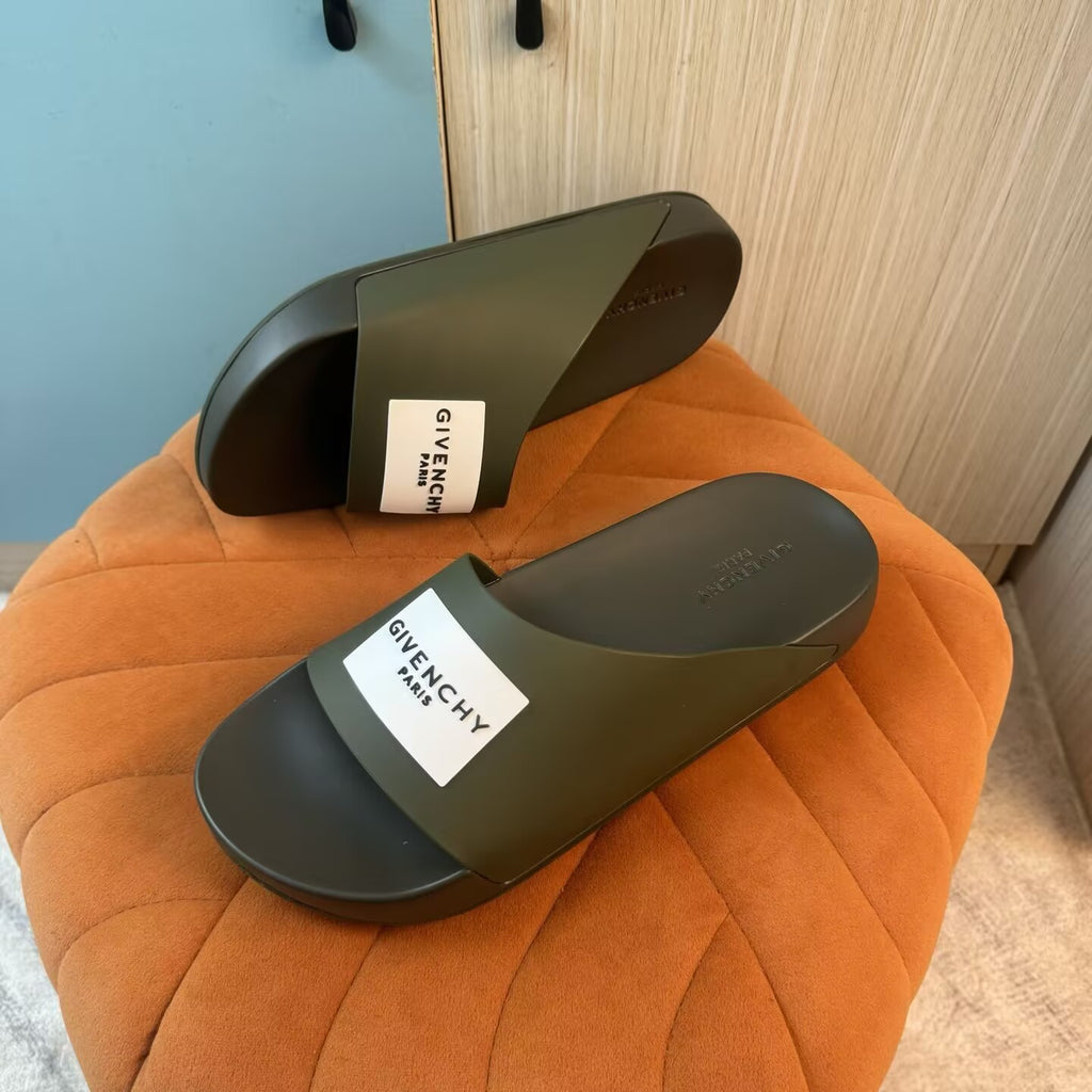 Olive Green Slide Sandals with Embossed Sole - Right side view