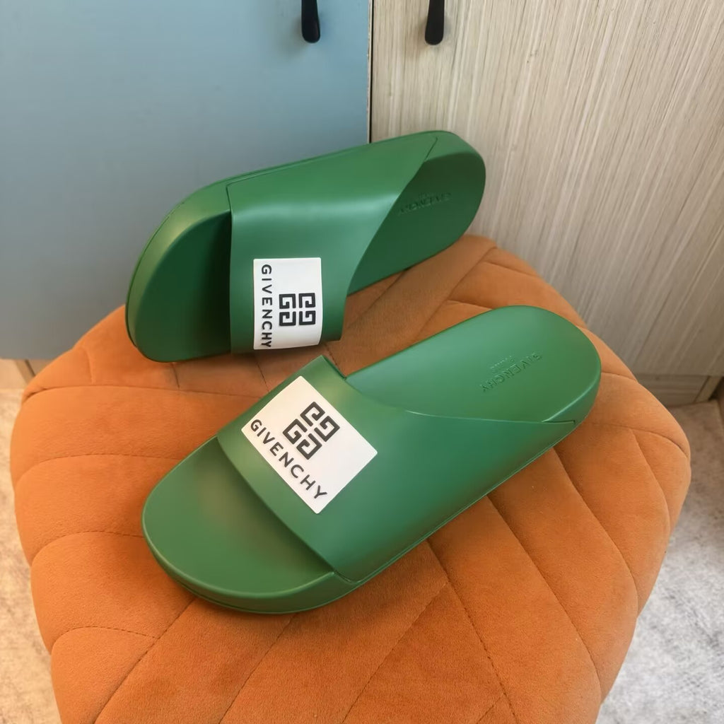Green Slide Slippers with Brand Patch - Left side view