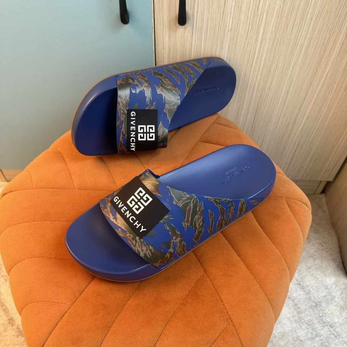 Blue Camouflage Slide-On Slippers with Patterned Upper - Back view