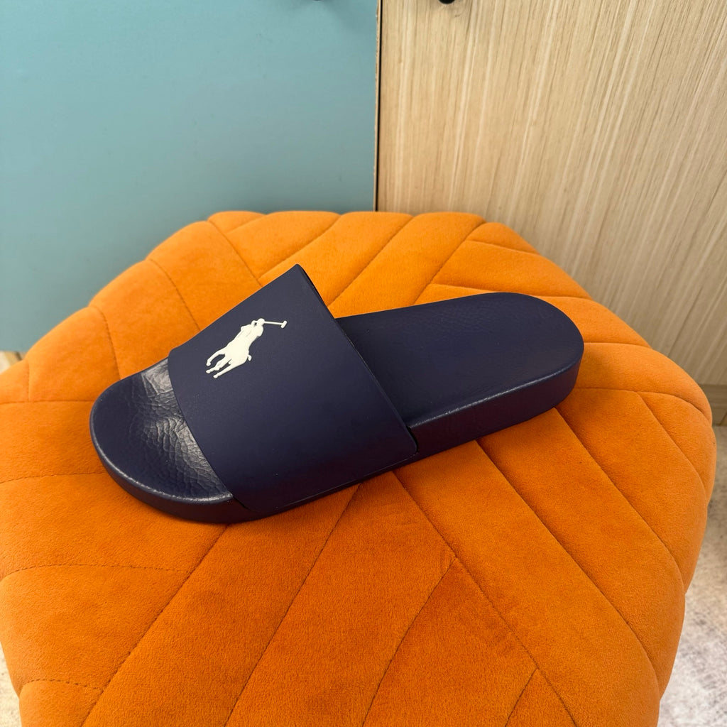 Navy Blue Slide Sandals with Embossed Logo - Right side view