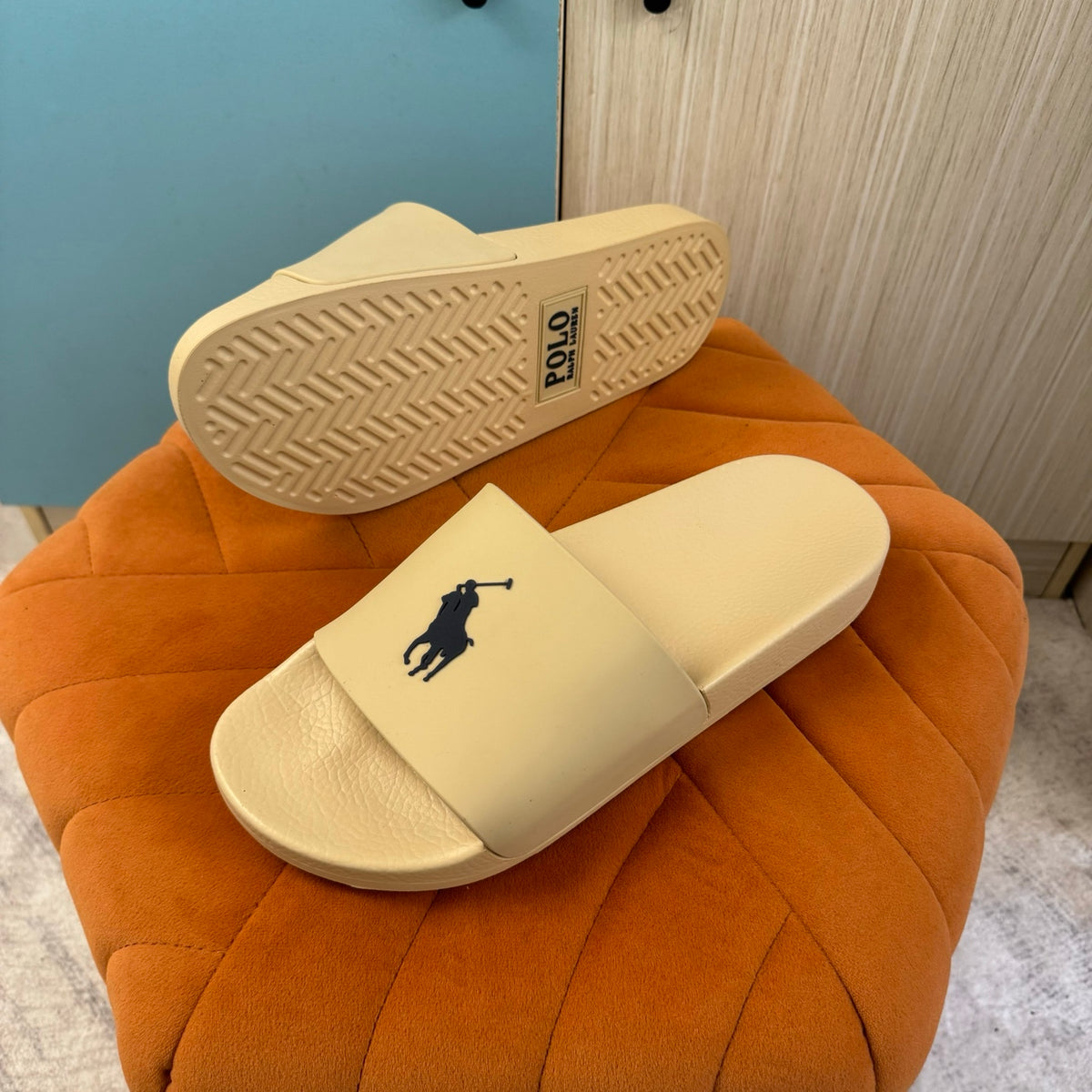 Cream Slide Sandals with Embossed Logo - Right side view