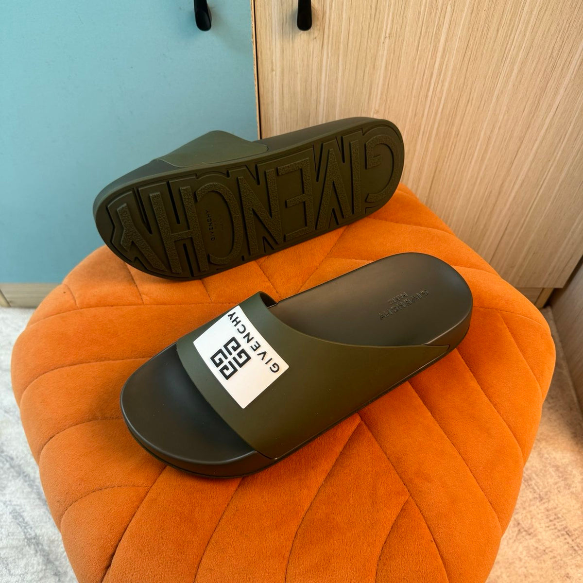 Olive Green Open-Toe Slippers with Strap - Right side view