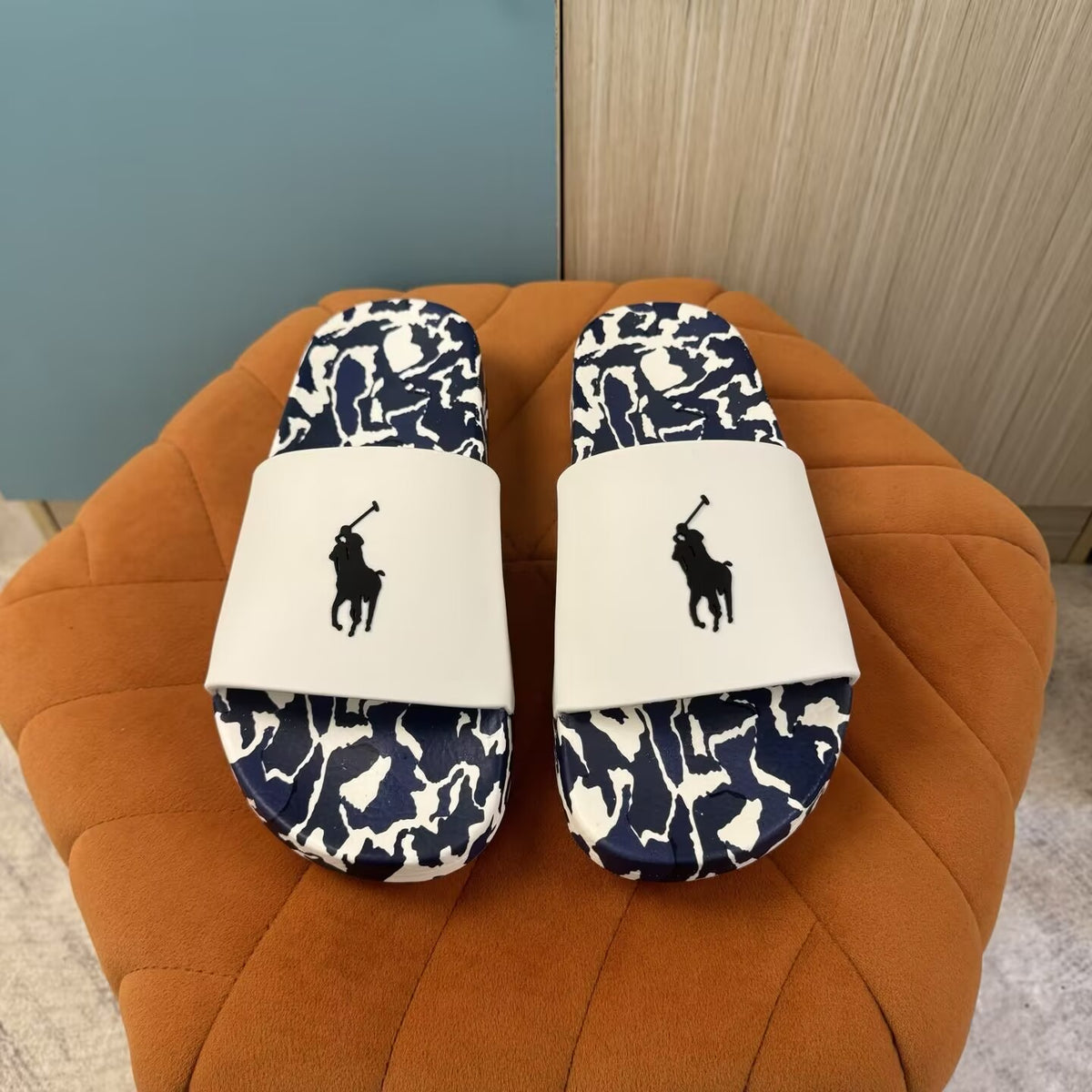 Navy Blue Camouflage Slide Sandals with White Sole - On-foot view
