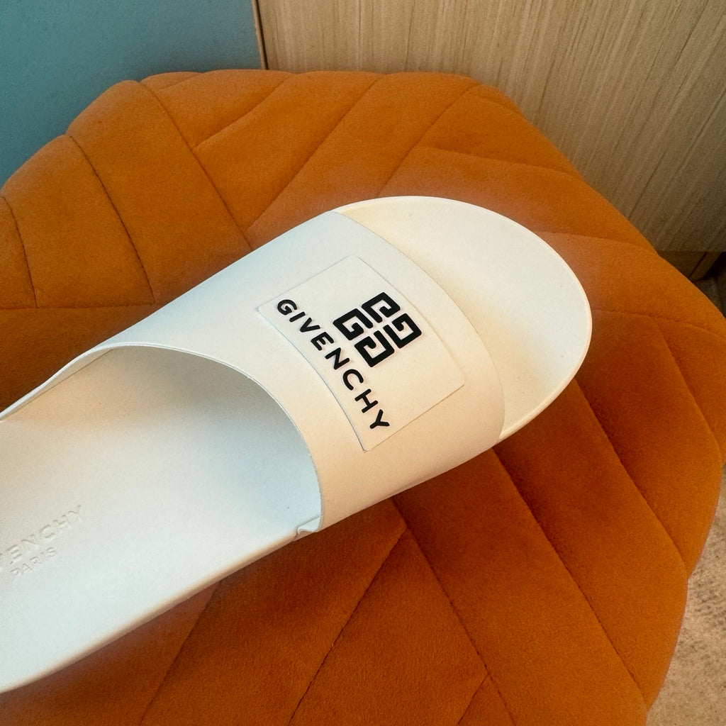 White Slide Sandals with Embossed Sole - Back view
