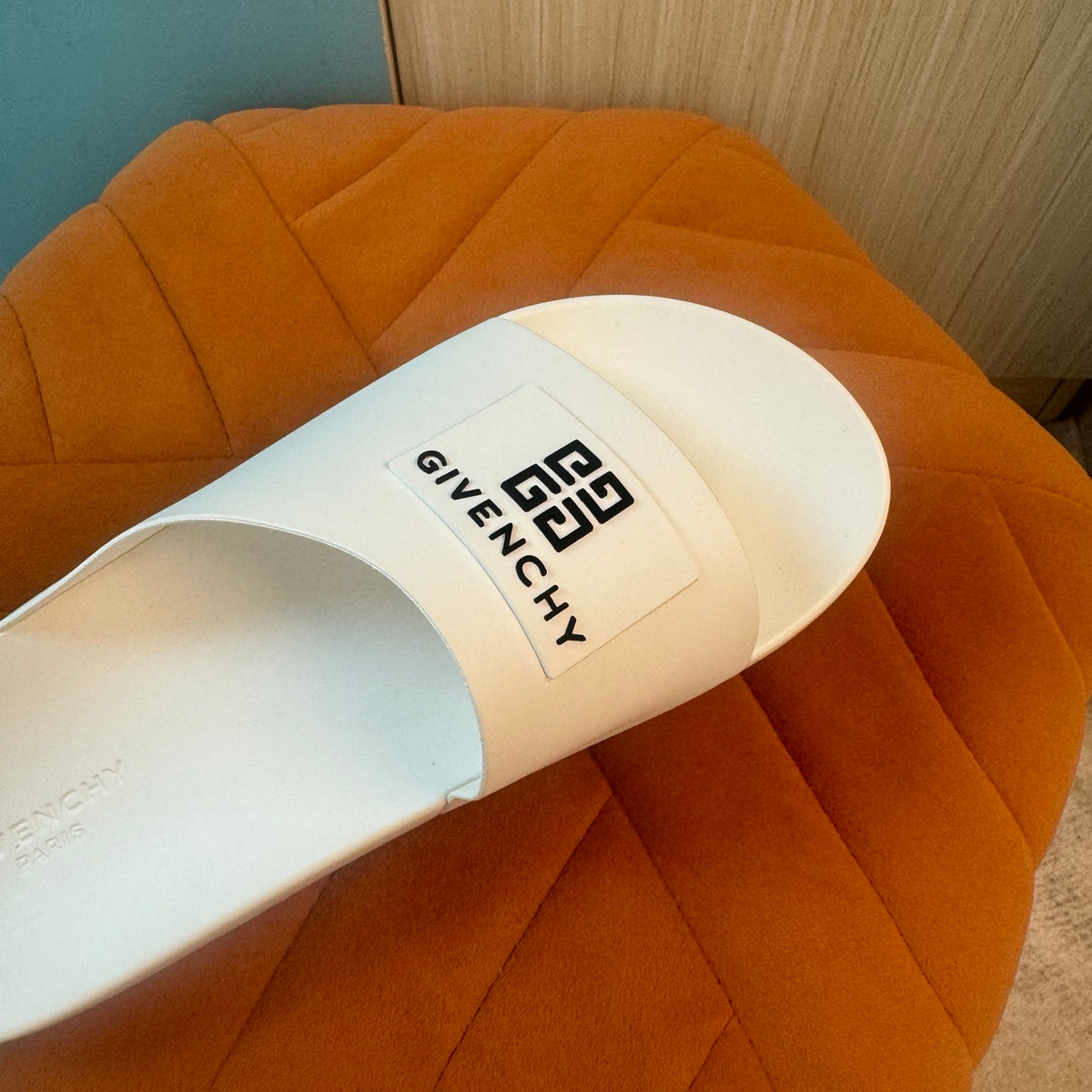 White Slide Sandals with Embossed Sole - Back view
