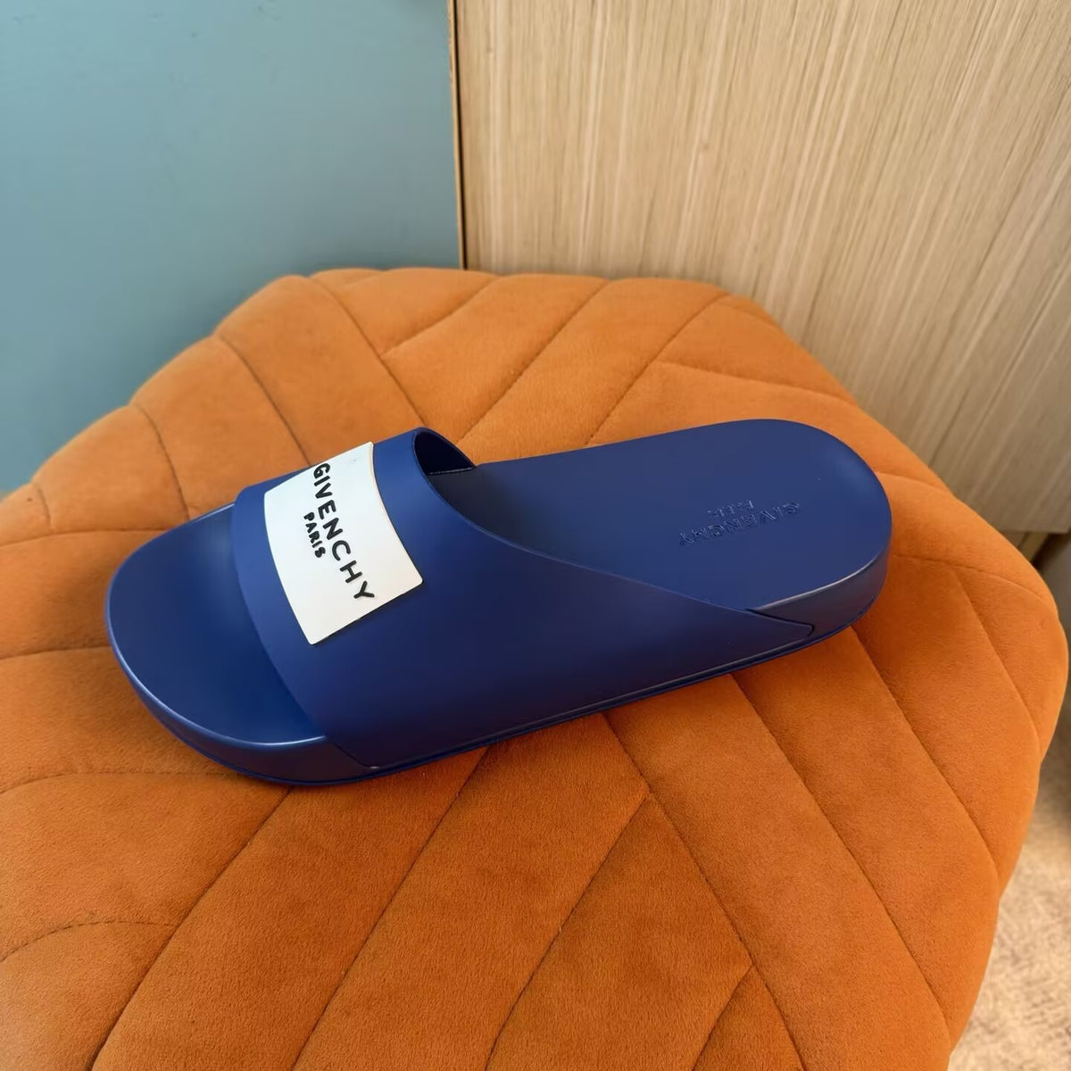 Blue Slide Sandals with Orange Accent - Left side view