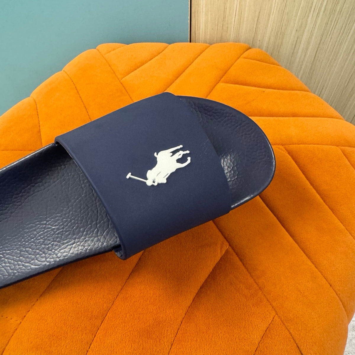 Navy Blue Slide Sandals with Embossed Logo - Back view