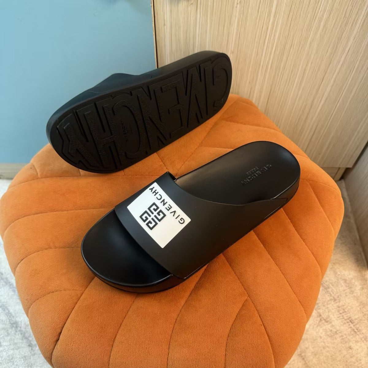 Black Slides with White Logo Patch - Back view