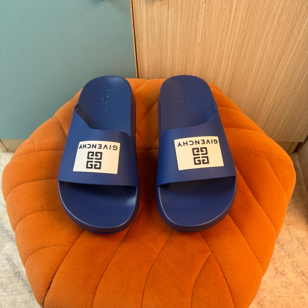 Blue Slide-On Slippers with Patterned Strap - Main view