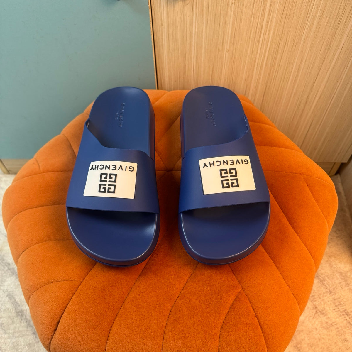 Blue Slide-On Slippers with Patterned Strap - Main view