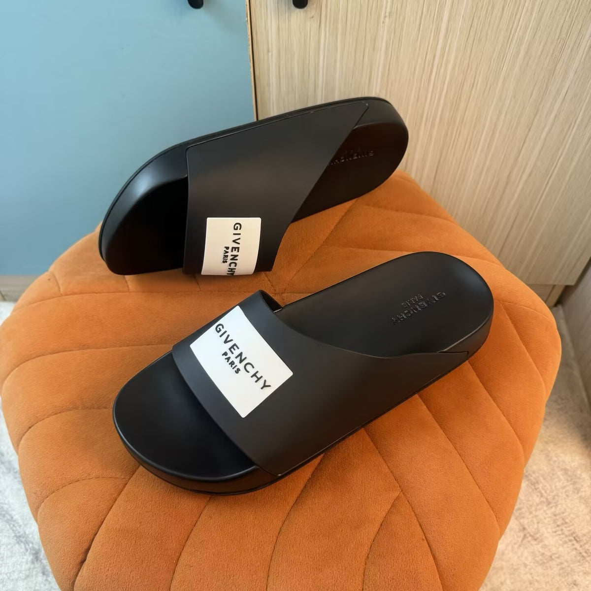 Black Slide Sandals with Embossed Sole - Left side view