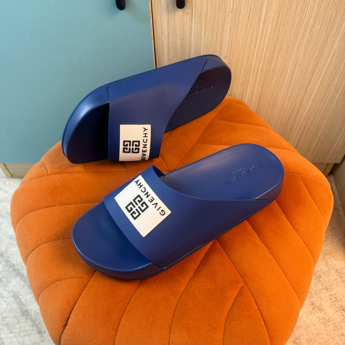 Blue Slide-On Slippers with Patterned Strap - Left side view
