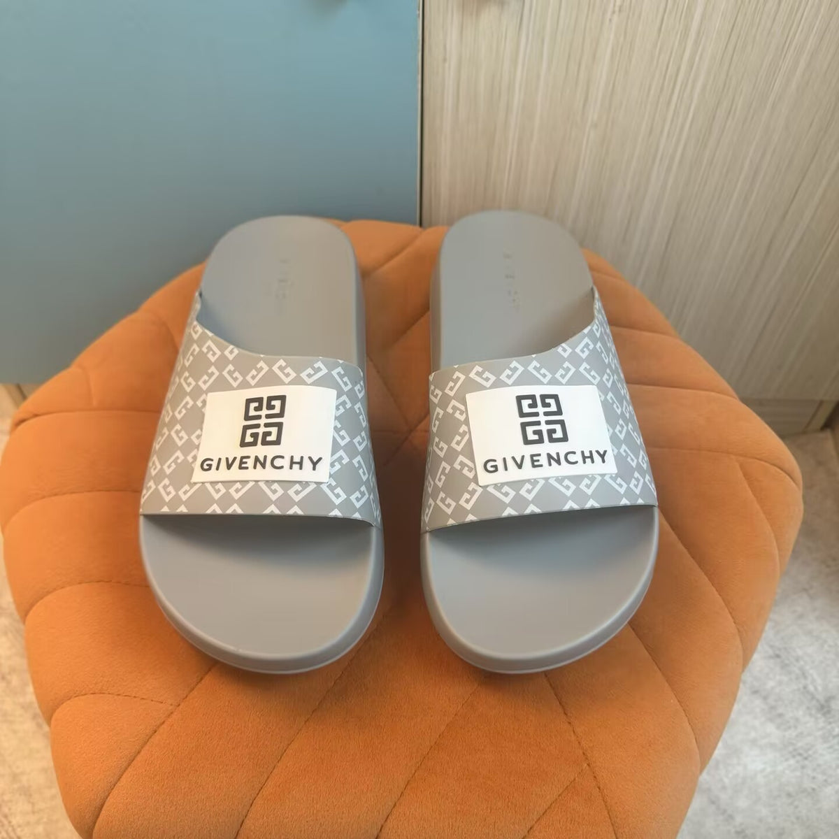 Gray Slide-On Slippers with Patterned Strap - Right side view