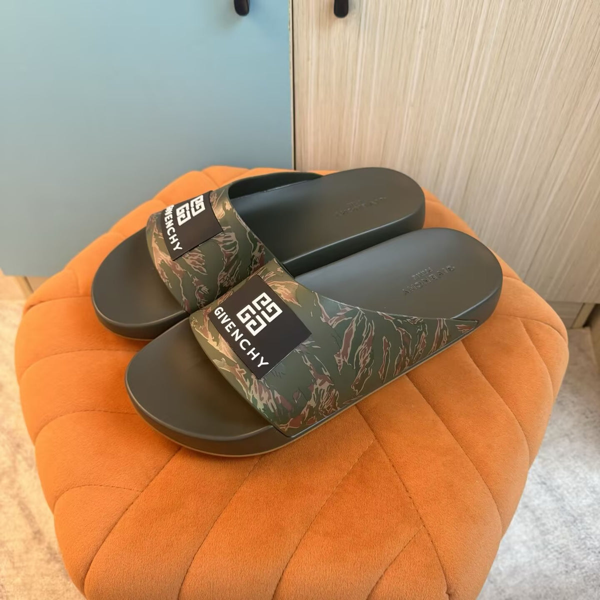 Olive Green Camouflage Slide Sandals with Black Strap - Outsole view